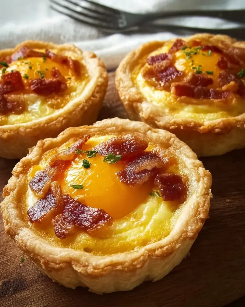 Bacon and Egg Breakfast Tarts 3 Golden brown bacon and egg breakfast tarts cooling on a wire rack
