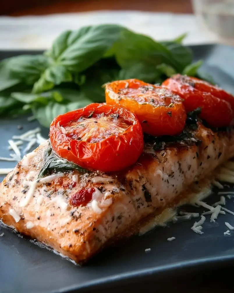 Tomato Basil Salmon 3 Salmon fillets searing in a pan with tomatoes and basil