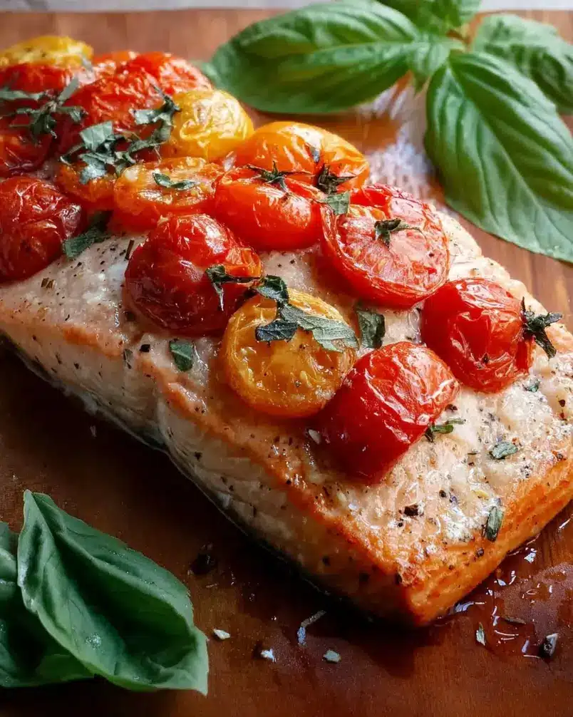 Tomato Basil Salmon 2 Fresh ingredients for tomato basil salmon laid out for preparation