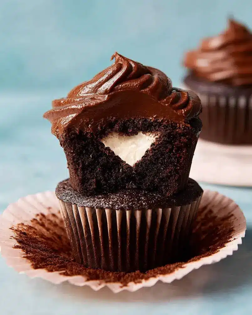 Whipped Cream-Filled Chocolate Cupcakes With Chocolate Ganache Frosting 3 Chocolate cupcakes being frosted with ganache