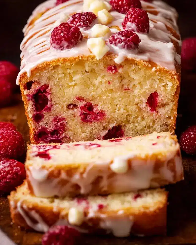 Glazed White Chocolate Raspberry Loaf 2 Ingredients for Glazed White Chocolate Raspberry Loaf being prepped: white chocolate chips, fresh raspberries, flour, butter, eggs, sugar.