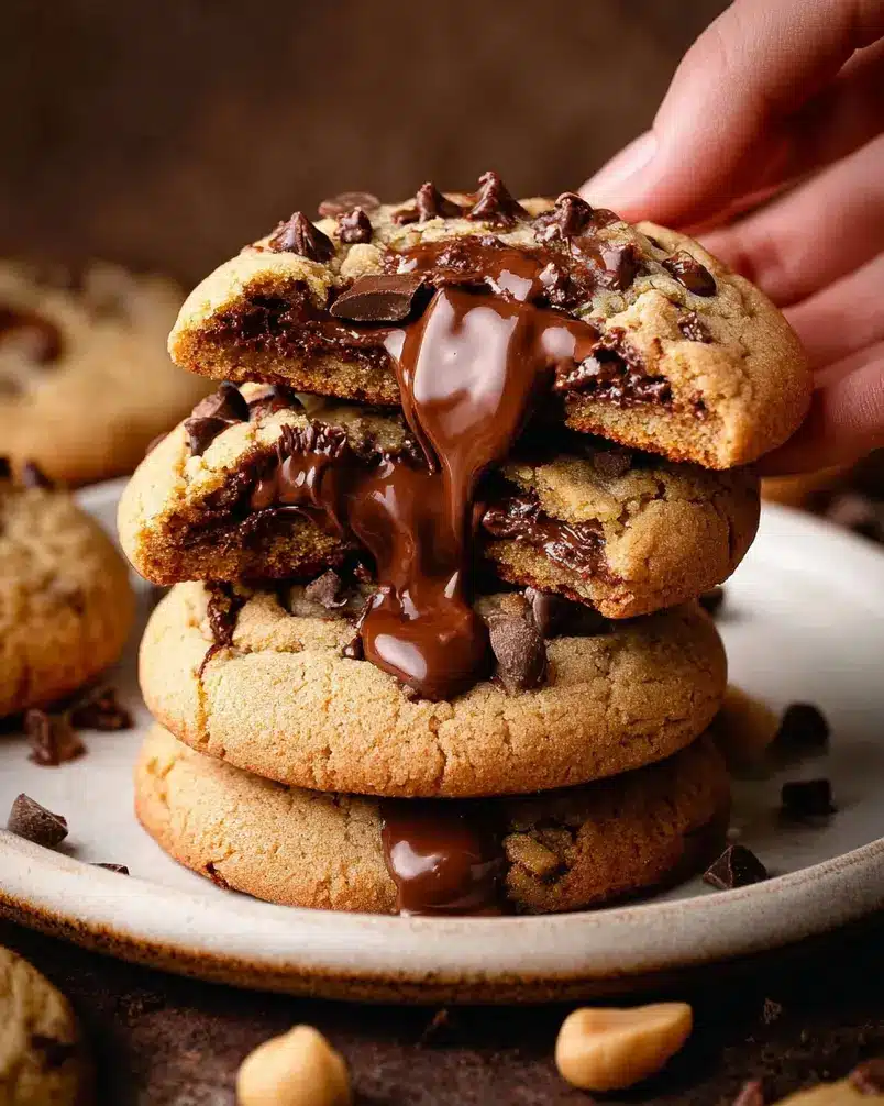 Nutella Stuffed Cookies 3 Close-up of Nutella stuffed cookies baking in an oven, golden brown and slightly puffed.