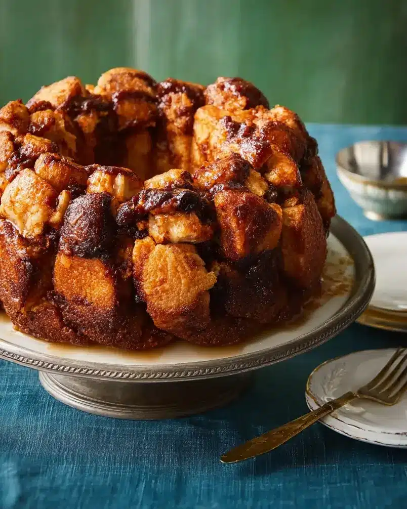 Best Monkey Bread 2 Close-up of golden brown monkey bread pieces being pulled apart, revealing a gooey cinnamon-sugar coating.
