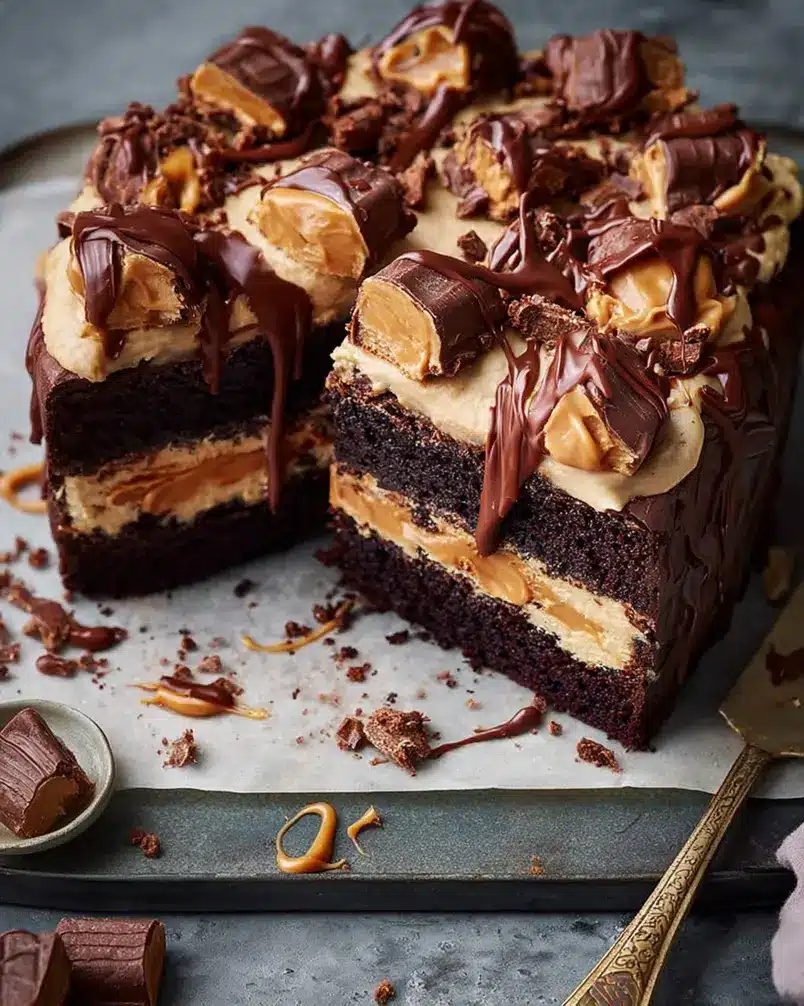 Chocolate Peanut Butter Cake for a crowd 3 A baker carefully placing a cake layer onto a serving stand