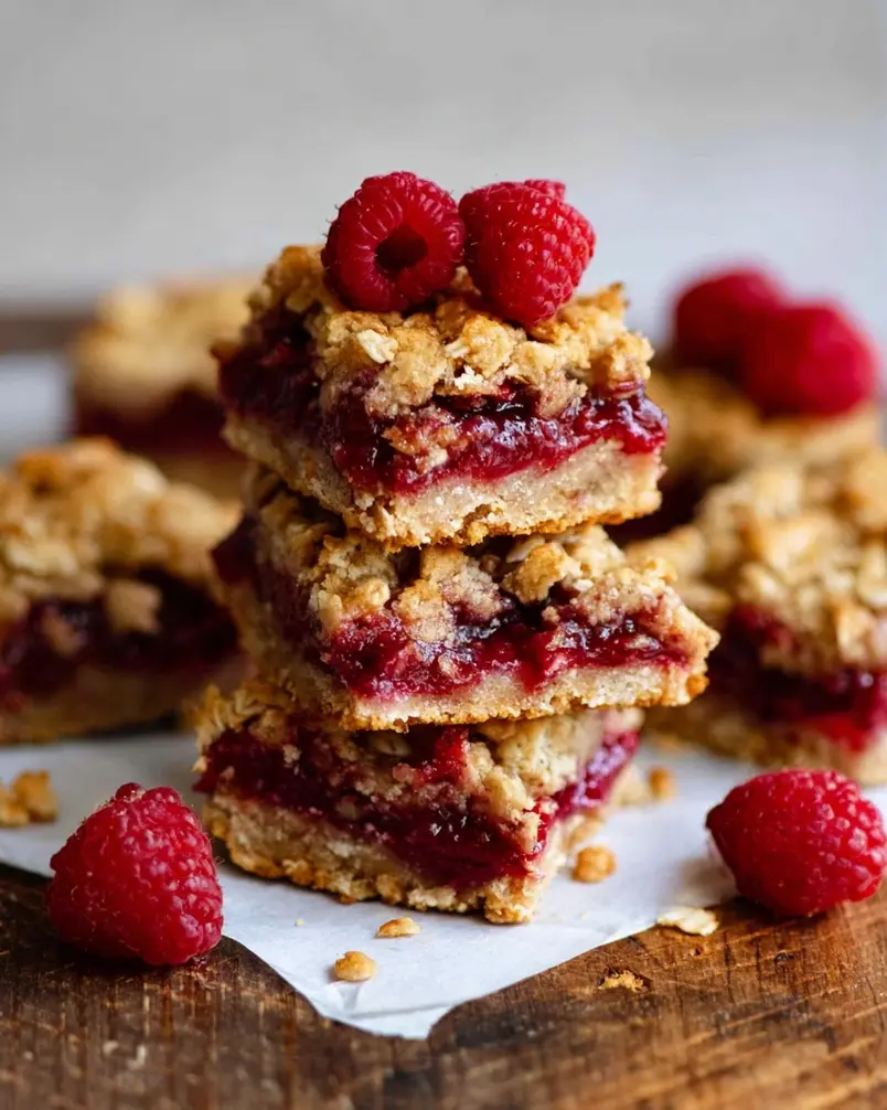 Raspberry Jam Oat Bars 3 Baking raspberry jam oat bars in a rectangular baking pan in the oven.