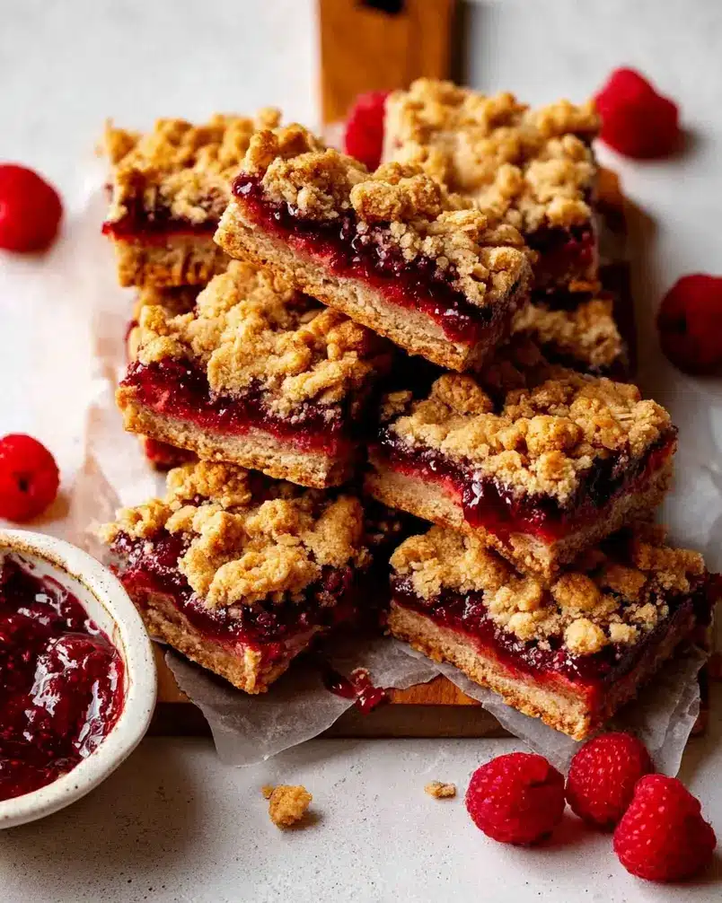 Raspberry Jam Oat Bars 2 Preparing ingredients for raspberry jam oat bars, with bowls of oats, butter, and raspberry jam visible.