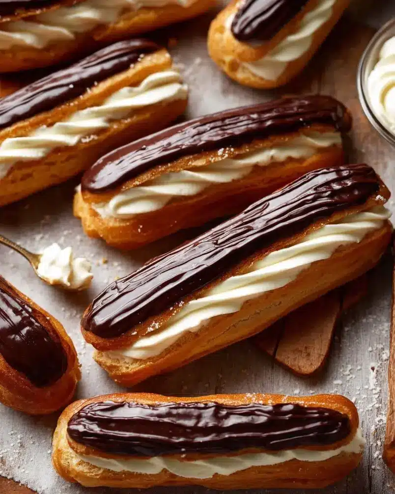 Éclairs 3 Piping hot choux pastry dough into long, even shapes for éclairs on a baking sheet
