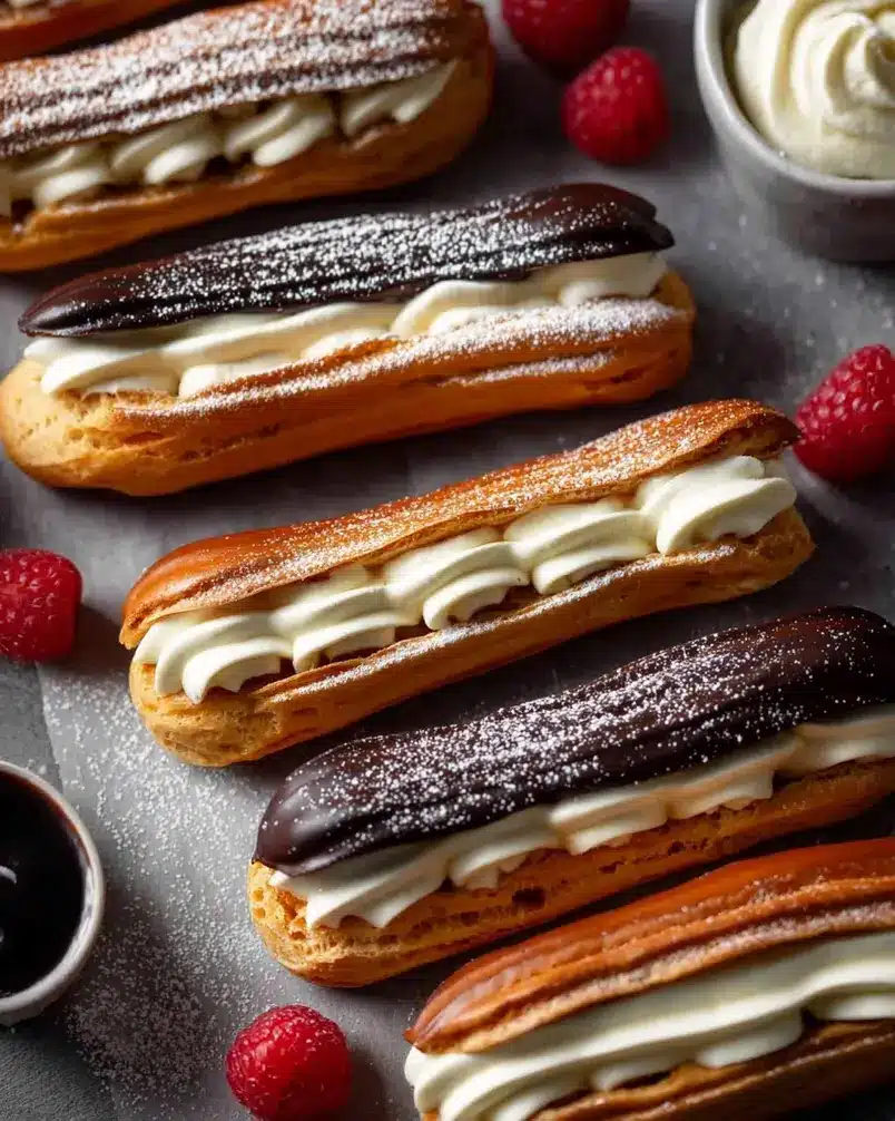 Éclairs 2 Close-up of choux pastry dough being piped into éclair shapes on a baking sheet