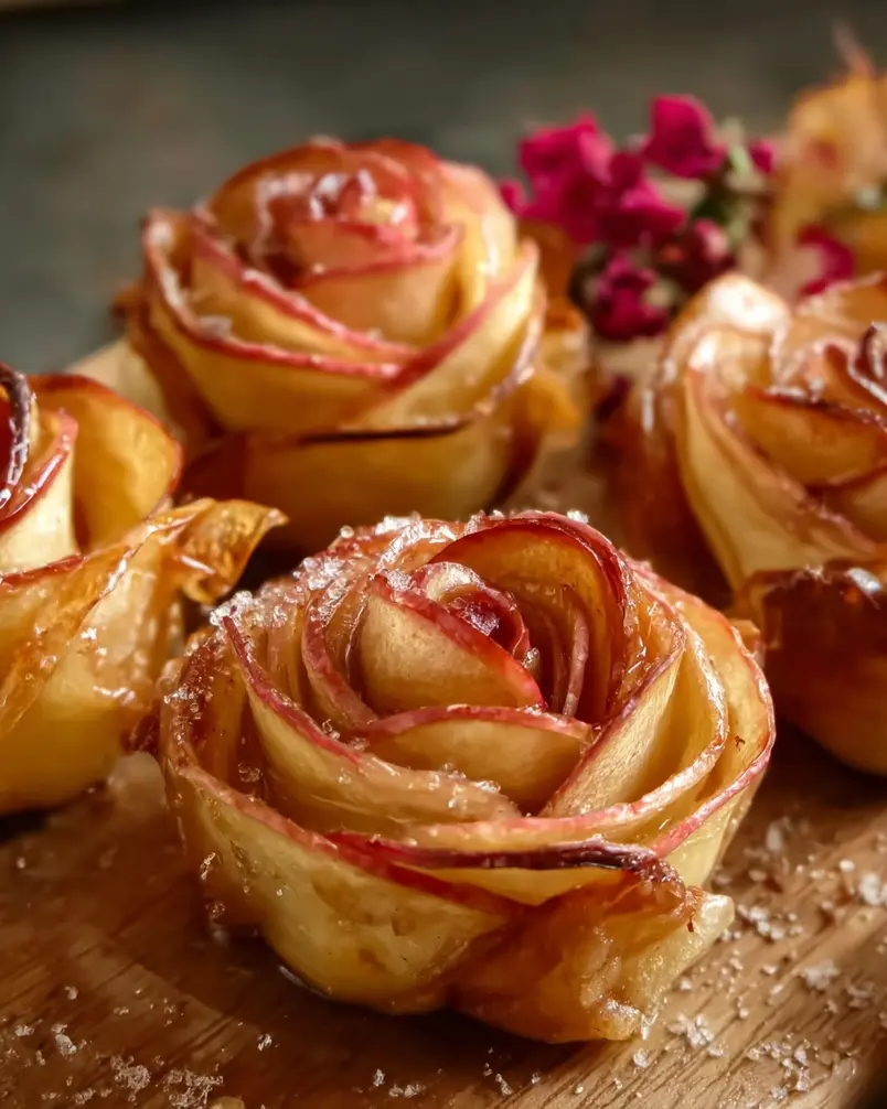 Baked Apple Roses 3 Baked apple roses arranged in a muffin tin, golden brown and ready to be served