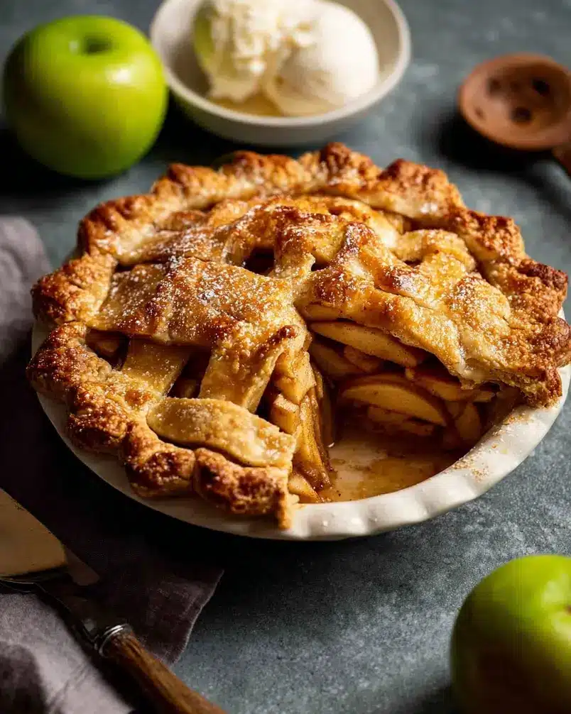 My Perfect Apple Pie 3 An apple pie with a golden brown crust baking in the oven, steam gently rising from the vents.