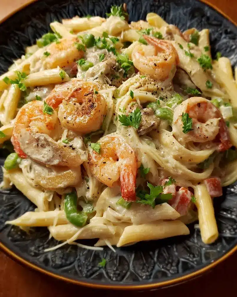 Peppered Shrimp Alfredo 3 Fettuccine pasta being tossed in a creamy Alfredo sauce with perfectly cooked peppered shrimp.