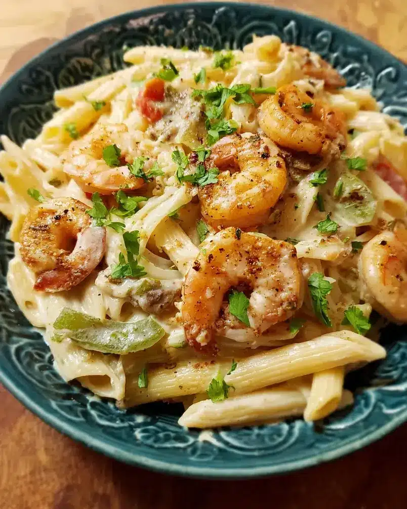 Peppered Shrimp Alfredo 2 Fresh ingredients for Peppered Shrimp Alfredo, including shrimp, pasta, garlic, and cream, artfully arranged on a kitchen counter.
