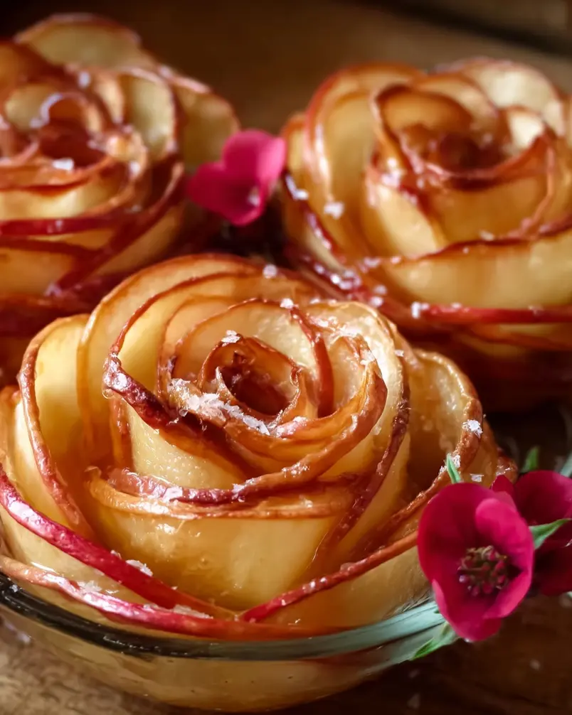 Baked Apple Roses 2 Close-up of thinly sliced apples being arranged on puff pastry for baked apple roses