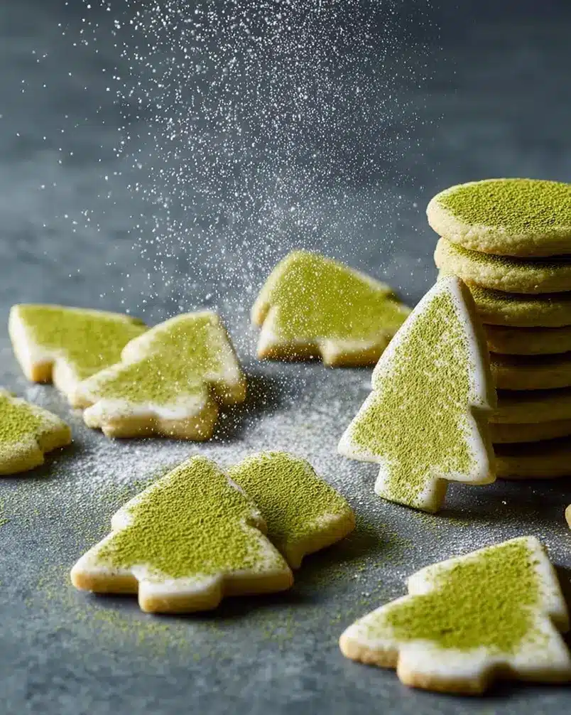 Matcha Sugar Cookies 2 Gathered ingredients for matcha sugar cookies, featuring bright green matcha powder, flour, sugar, butter, and eggs.