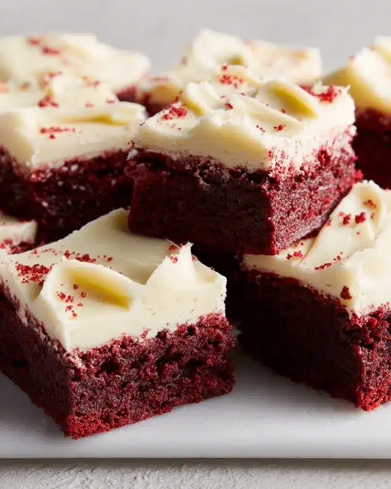 Red Velvet Cookie Bars 3 Close-up of red velvet cookie bar batter being spread into a baking pan