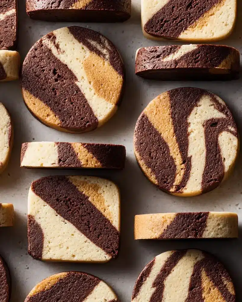 Spiced Chocolate Marble Shortbread 2 Close-up of spiced chocolate marble shortbread dough being prepared, showing swirls of dark and light dough ready for baking.