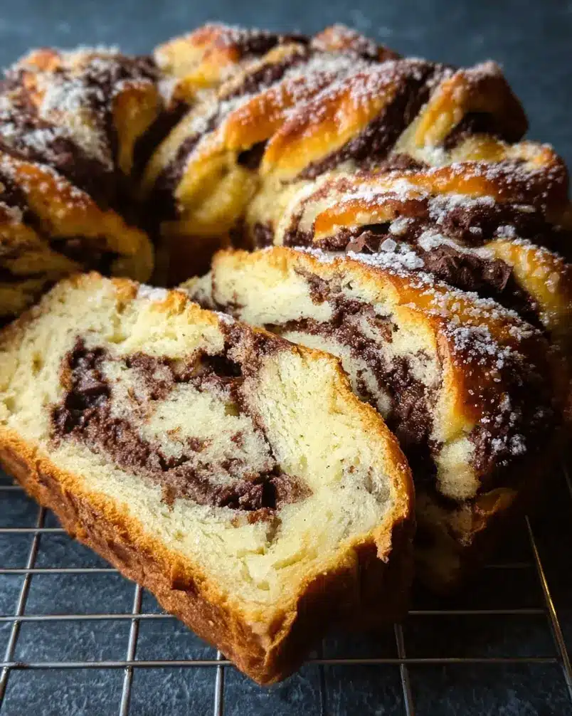 Chocolate Babka 3 A loaf of baked chocolate babka cooling on a wire rack