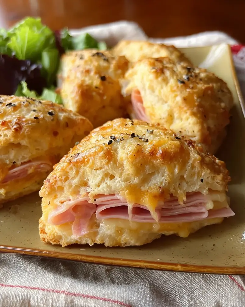 Easy Ham and Cheese Biscuits 3 Biscuits baking in an oven, golden brown and puffy
