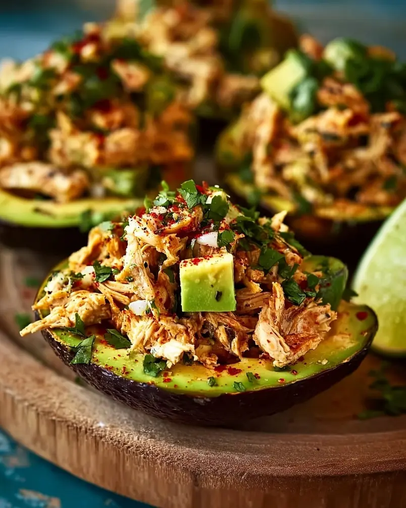 Mexi-Chicken Avocado Cups 2 Avocado cups being assembled with filling