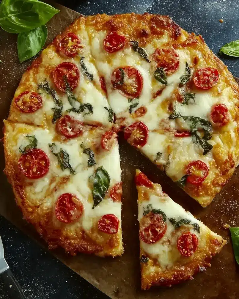 Cheesy-Crust Skillet Pizza 3 Pouring sauce onto pizza dough in a cast iron skillet