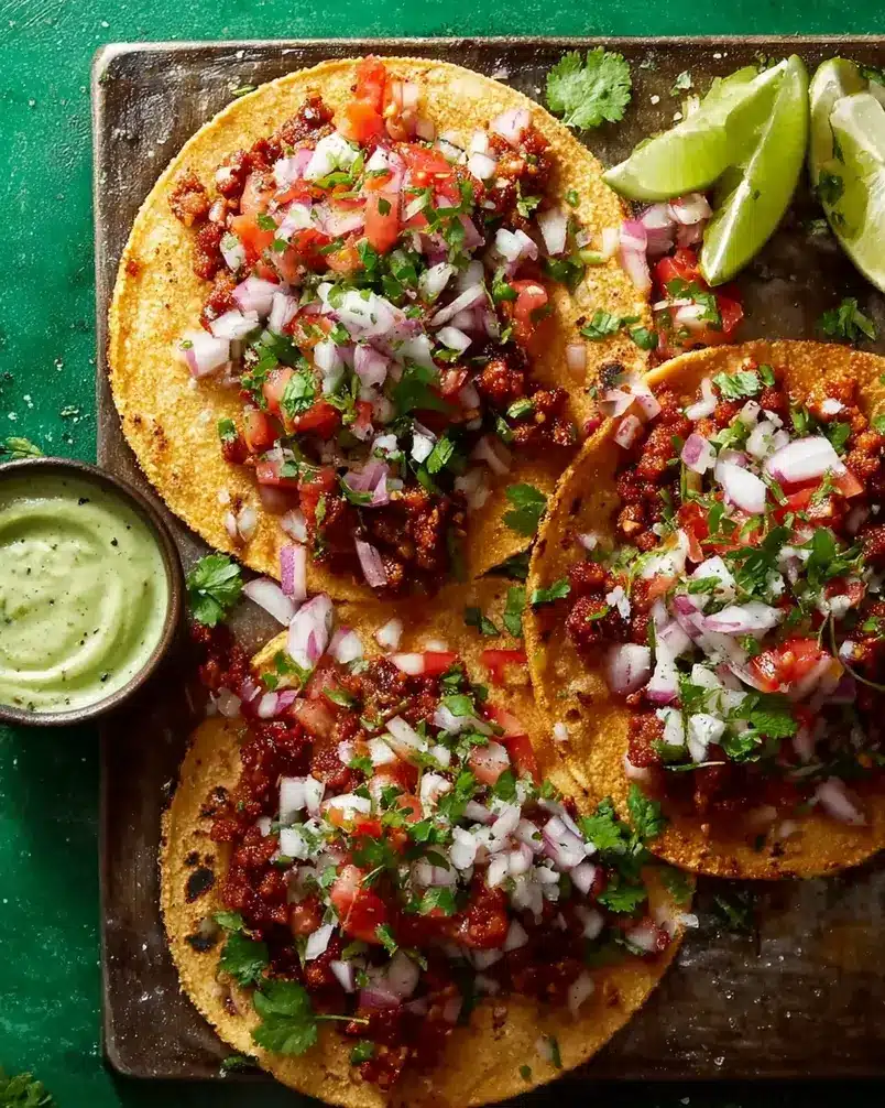 Easy Chorizo Street Tacos 3 Chorizo cooking in a skillet with onions and spices, steam rising.