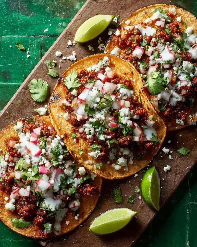 Easy Chorizo Street Tacos 2 Ingredients for easy chorizo street tacos being prepped on a wooden board, including chorizo, onions, cilantro, and small tortillas.