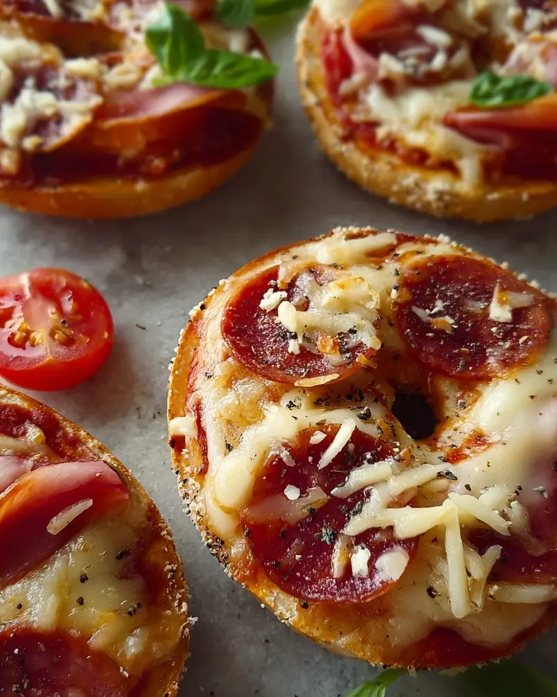 Easy Mini Bagel Pizzas 2 Deliciously assembled mini bagel pizzas ready for baking, showcasing an array of colorful toppings.