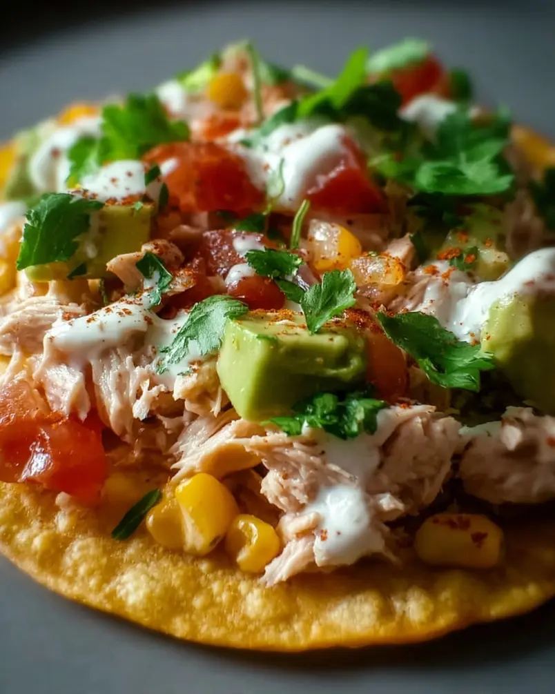 Tuna Tostadas 3 Close-up of a deconstructed tuna tostada showing healthy ingredients