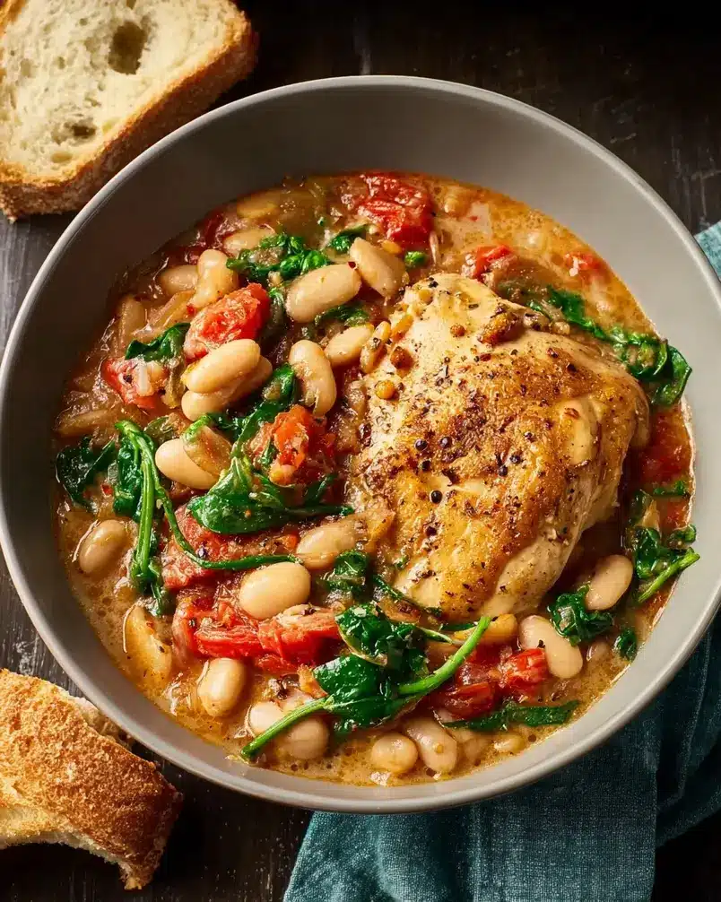 Skillet Chicken and White Bean Stew 3 Skillet Chicken and White Bean Stew simmering in a cast-iron skillet