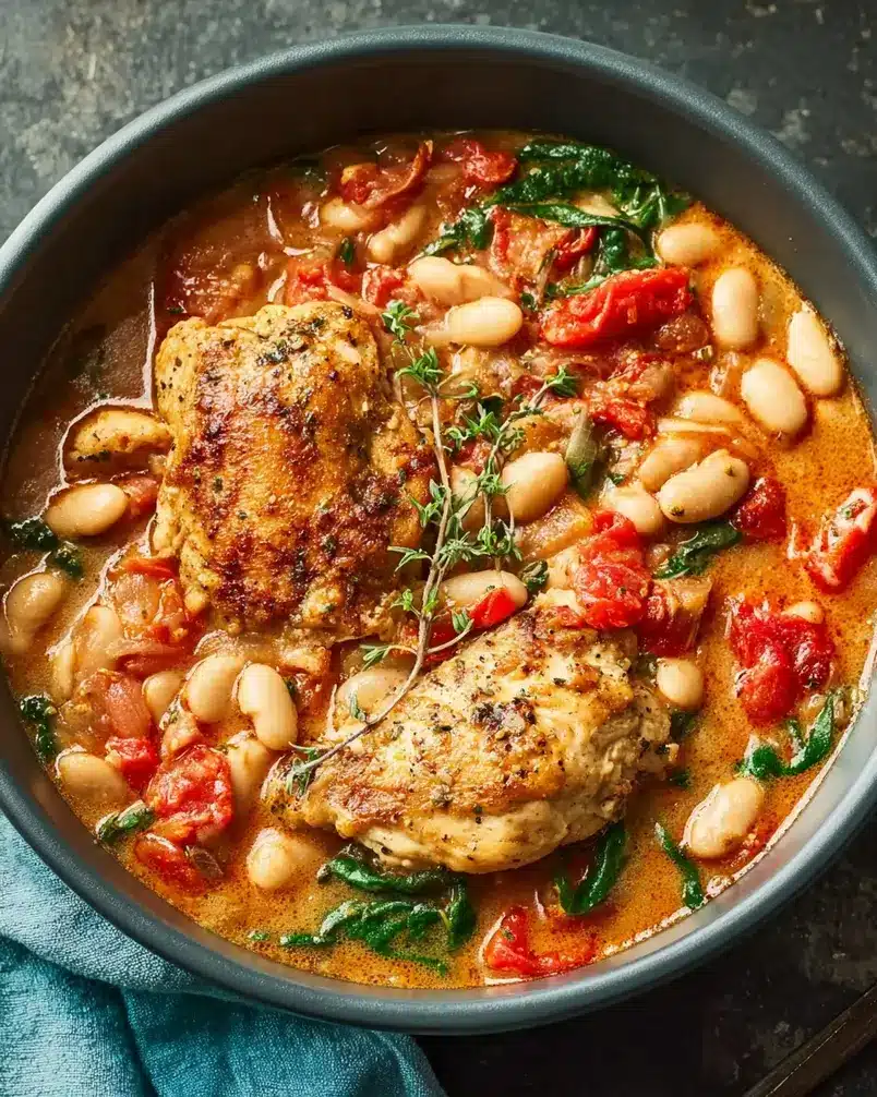 Skillet Chicken and White Bean Stew 2 Skillet Chicken and White Bean Stew preparation with fresh ingredients
