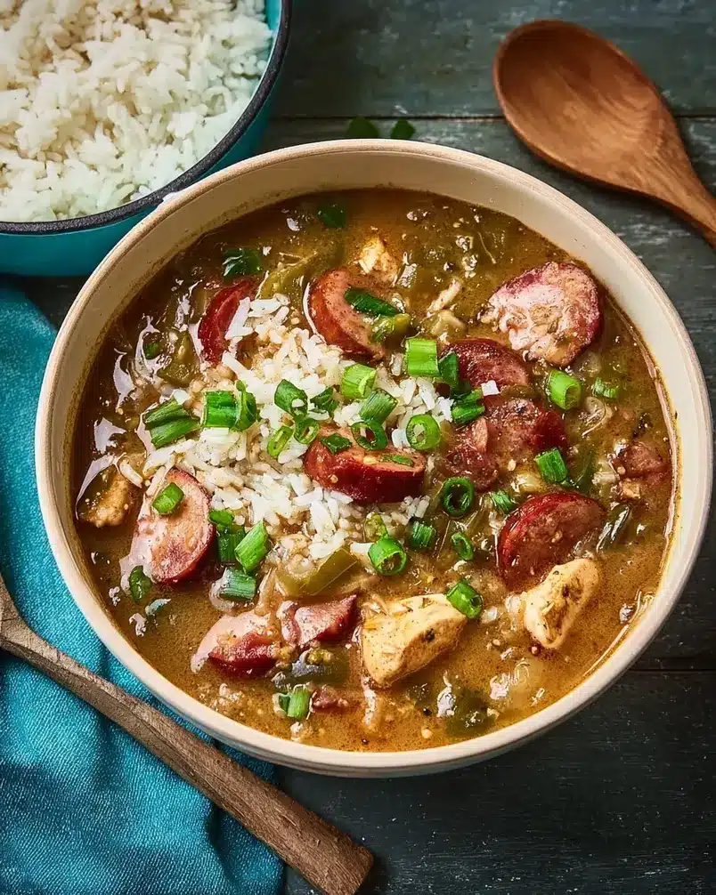 Chicken and Andouille Gumbo 2 A vibrant bowl of Chicken and Andouille Gumbo with a sprinkle of fresh parsley, ready to be served.