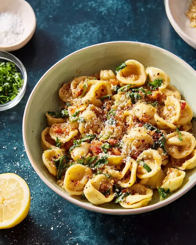 One Pan Orecchiette Pasta 3 Orecchiette pasta cooking in a single pan with sauce