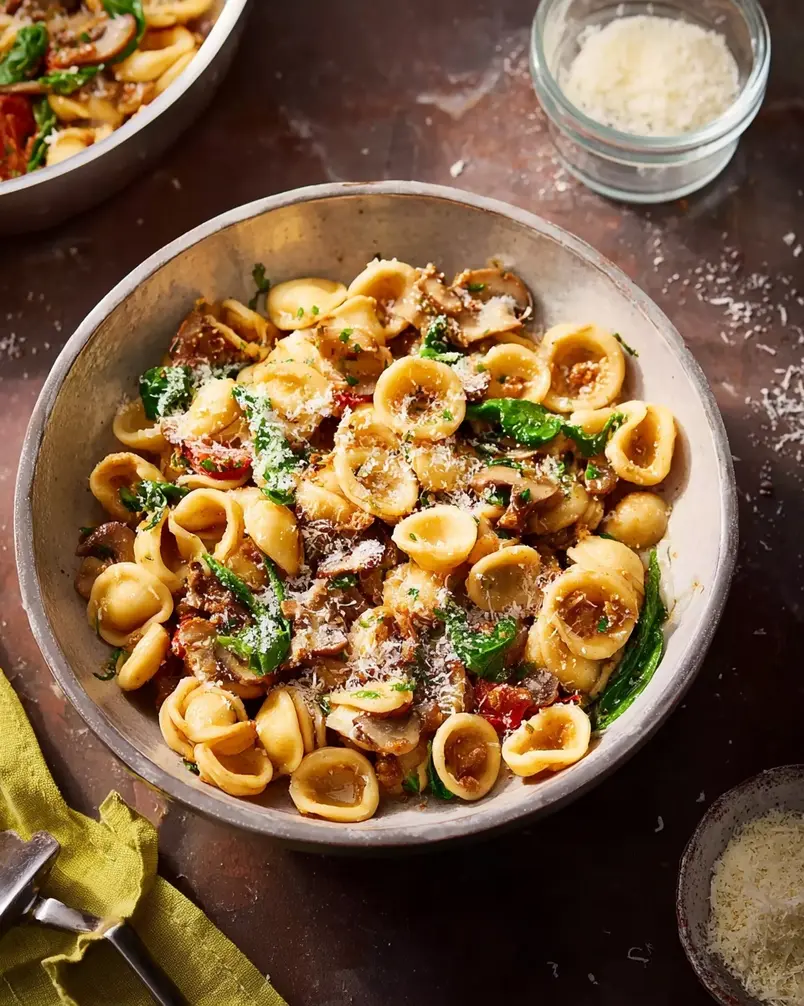 One Pan Orecchiette Pasta 2 Orecchiette pasta ingredients being prepped in a pan