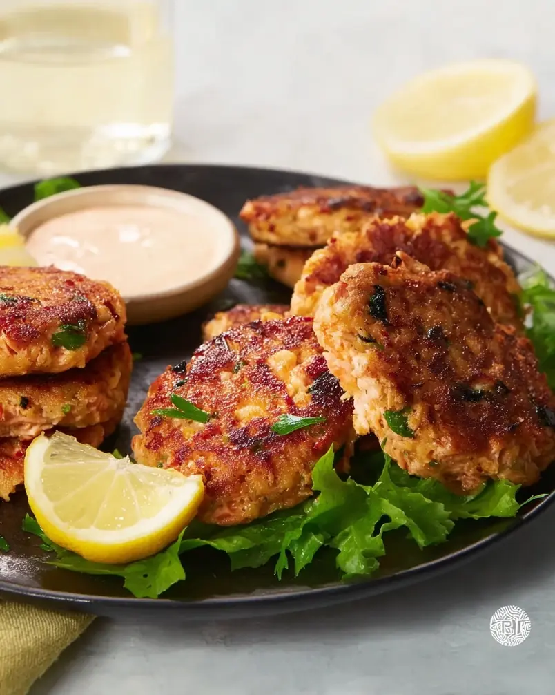 Grandma's Famous Salmon Cakes 3 Golden brown Grandma's Famous Salmon Cakes sizzling in a pan on the stovetop