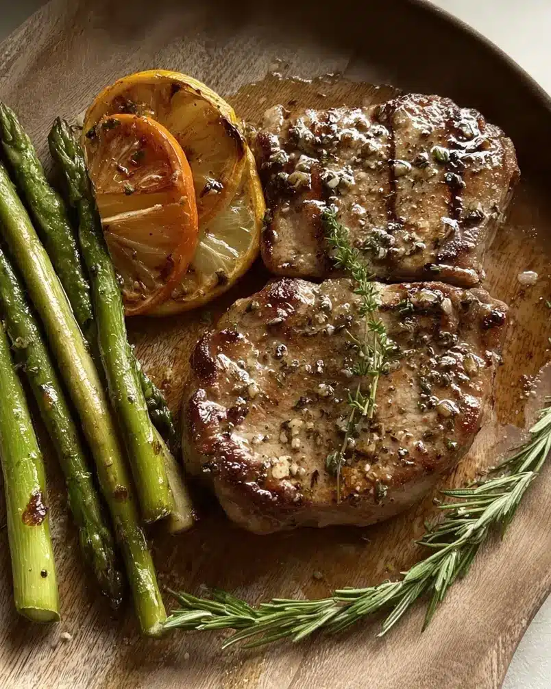 Modenese Pork Chops 3 Pork chops searing in a hot pan, developing a golden crust.