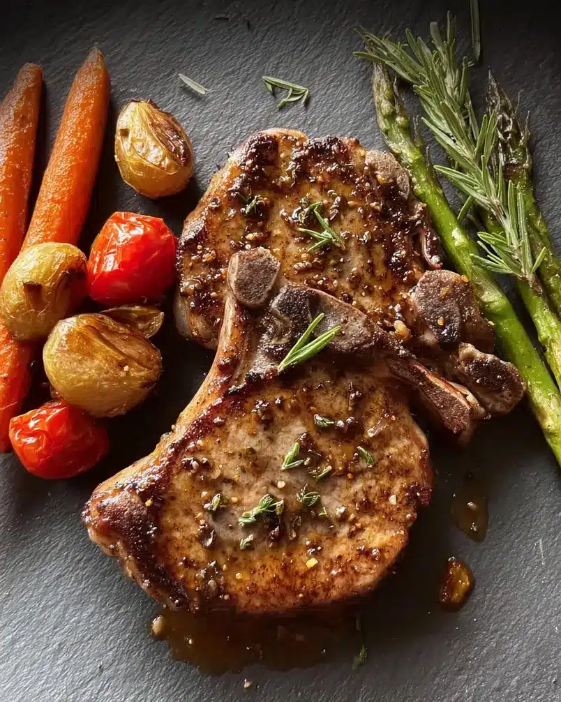 Modenese Pork Chops 2 Juicy Modenese Pork Chops in a pan with sauce and herbs.