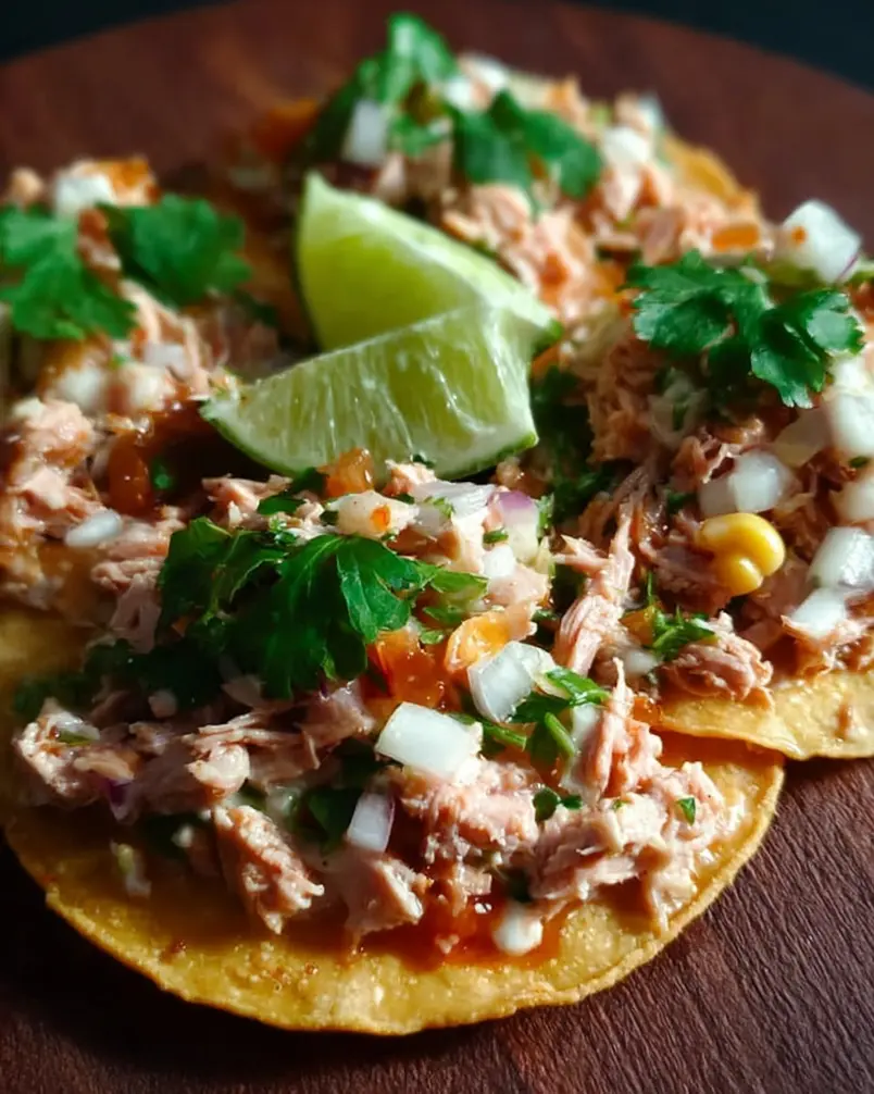 Tuna Tostadas 3 Close-up of a hand mixing tuna salad ingredients in a bowl, preparing to assemble tuna tostadas.