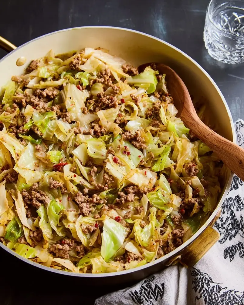 Ground Beef and Cabbage 3 Ground beef and cabbage mixture simmering in a pan on the stovetop