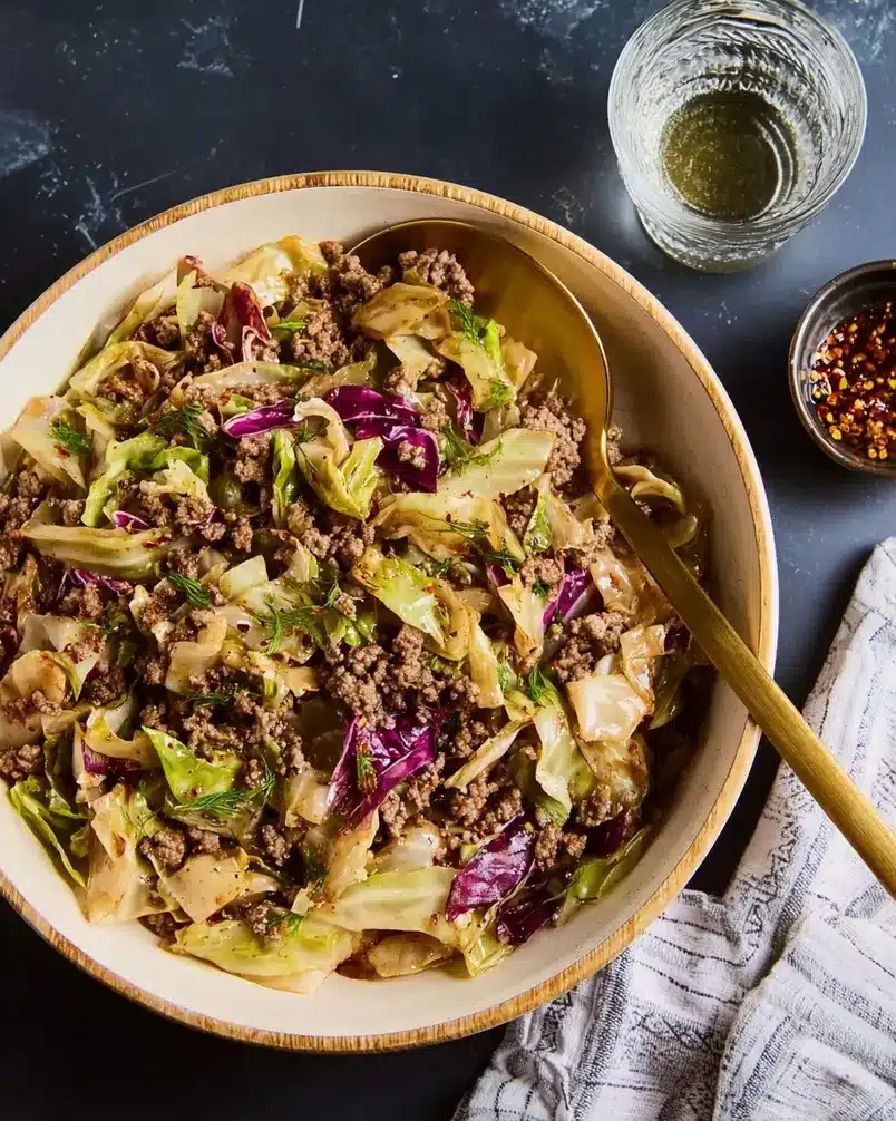 Ground Beef and Cabbage 2 Fresh ingredients for ground beef and cabbage recipe laid out including ground beef and a head of cabbage