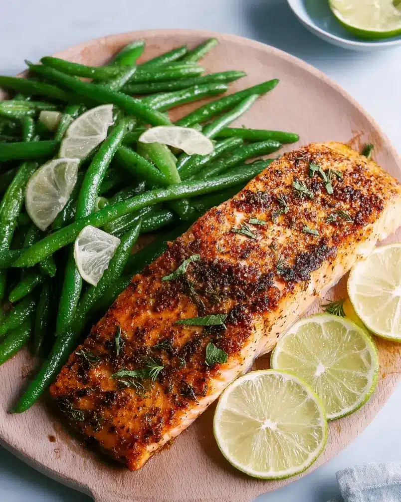 Easy 5-Ingredient Salmon 3 Salmon fillets sizzling in a pan with lemon slices and herbs
