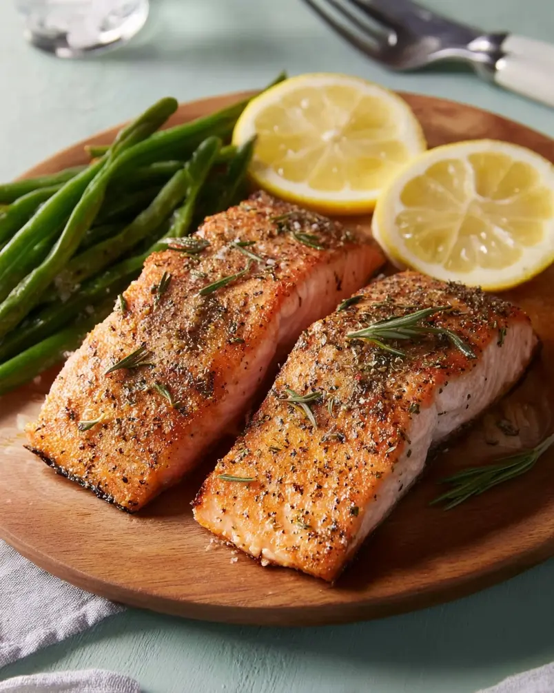 Easy 5-Ingredient Salmon 2 Close-up of fresh salmon fillets being seasoned with herbs and lemon