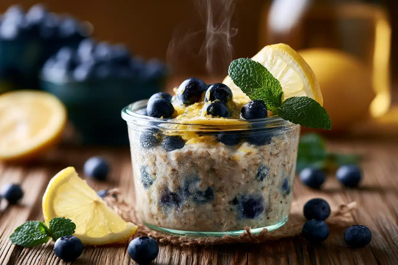 Blueberry Lemon Overnight Oats 2 Blueberry Lemon Overnight Oats in a jar with fresh blueberries and lemon zest