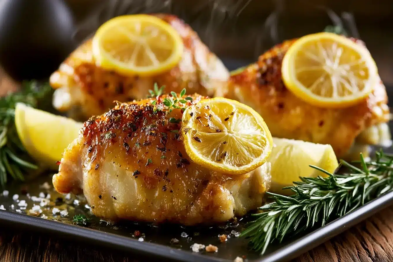Lemon Ginger Baked Chicken Thighs 2 Lemon Ginger Baked Chicken Thighs cooked to perfection with lemon slices and herbs