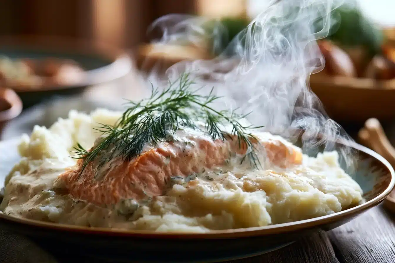 Creamy Garlic Dill Salmon with Mashed Potatoes 2 Perfectly cooked Creamy Garlic Dill Salmon with fluffy Mashed Potatoes on a plate