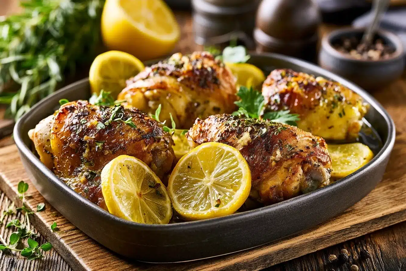 Lemon Ginger Baked Chicken Thighs 3 Chicken thighs marinating in lemon ginger sauce ready for baking