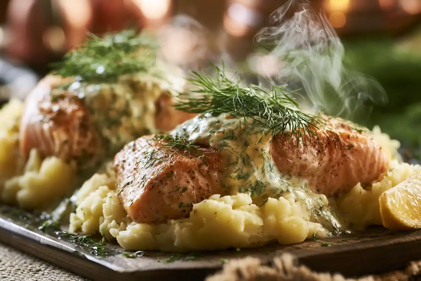 Creamy Garlic Dill Salmon with Mashed Potatoes 3 Salmon being seared in a pan, ready for the creamy garlic dill sauce