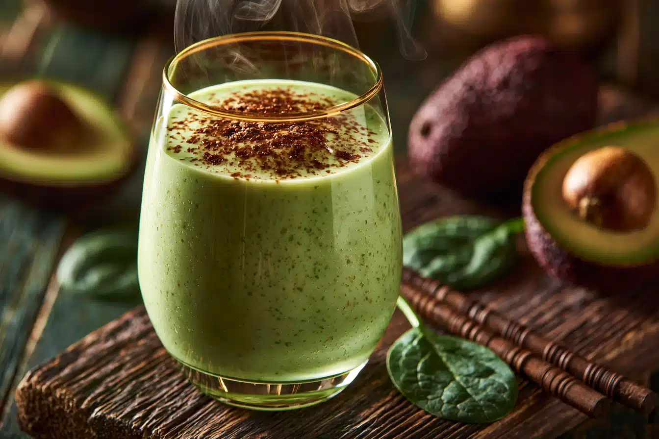 Creamy Avocado Spinach Smoothie 2 Creamy Avocado Spinach Smoothie in a glass with fresh ingredients