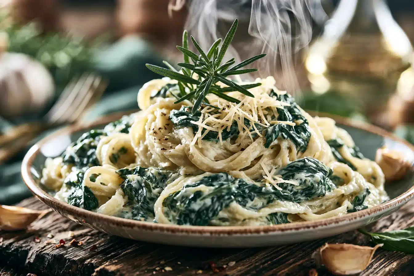 Creamy Garlic Spinach Pasta 2 Creamy Garlic Spinach Pasta in a white bowl with fresh herbs
