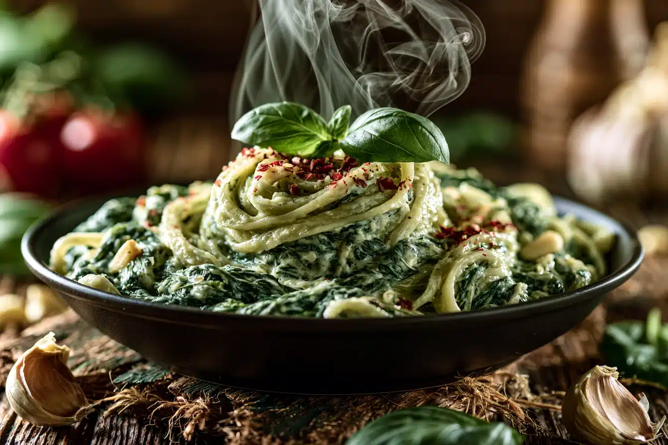 Creamy Garlic Spinach Pasta 3 Cooking pasta in a pot with steam rising
