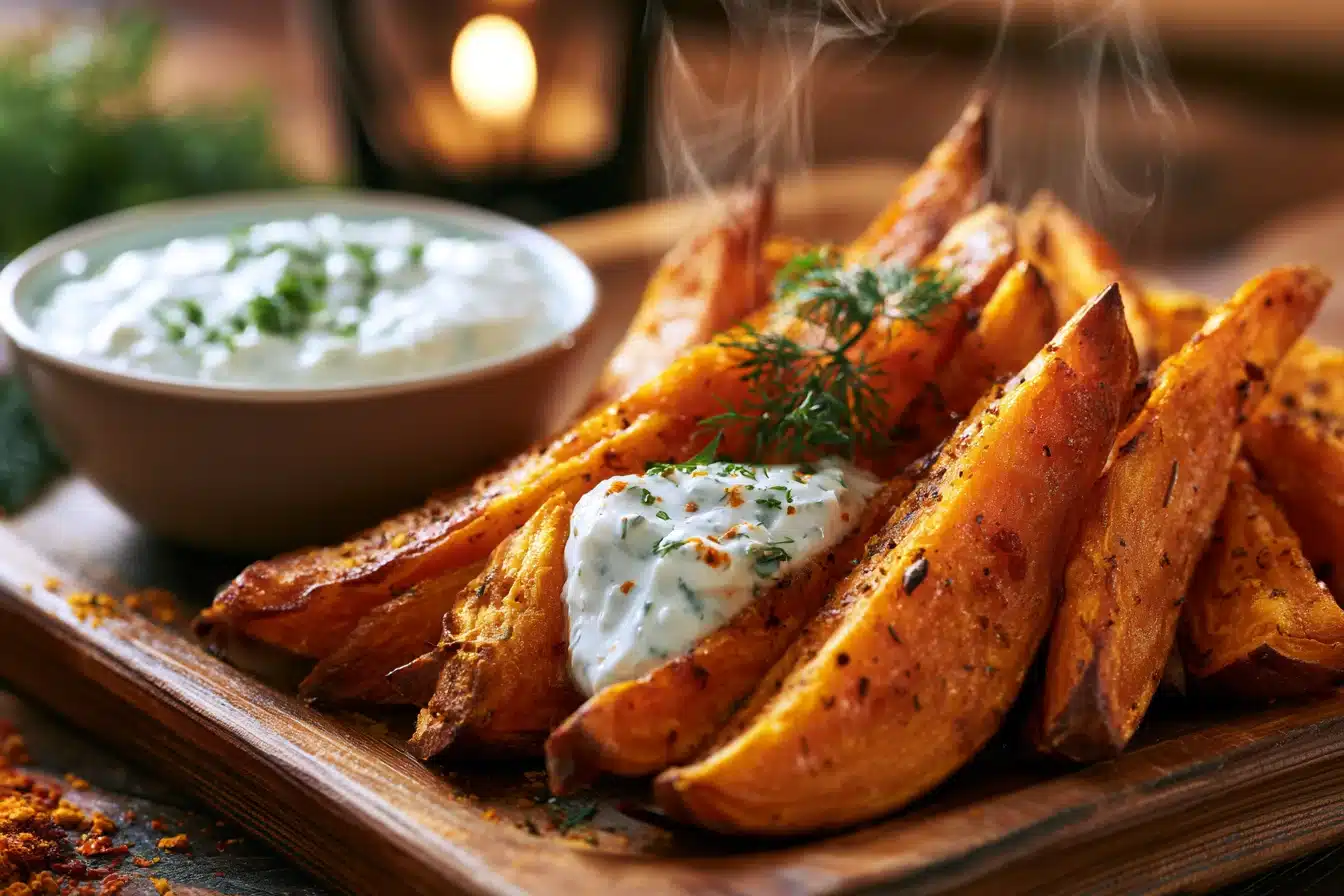 Crispy Baked Sweet Potato Wedges with Dip 2 Crispy Baked Sweet Potato Wedges with Dip